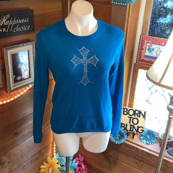 TAYLOR MARCS GORGEOUS TURQUOISE SWEATER CROSS SWAROVSKI SPARKLE DETAIL - Picture 3 of 8